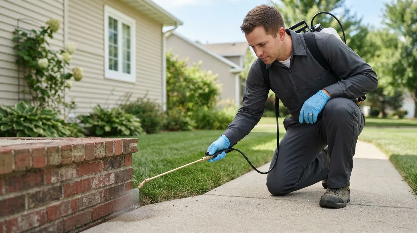 Pest control technician treating a home near Kellogg, IA