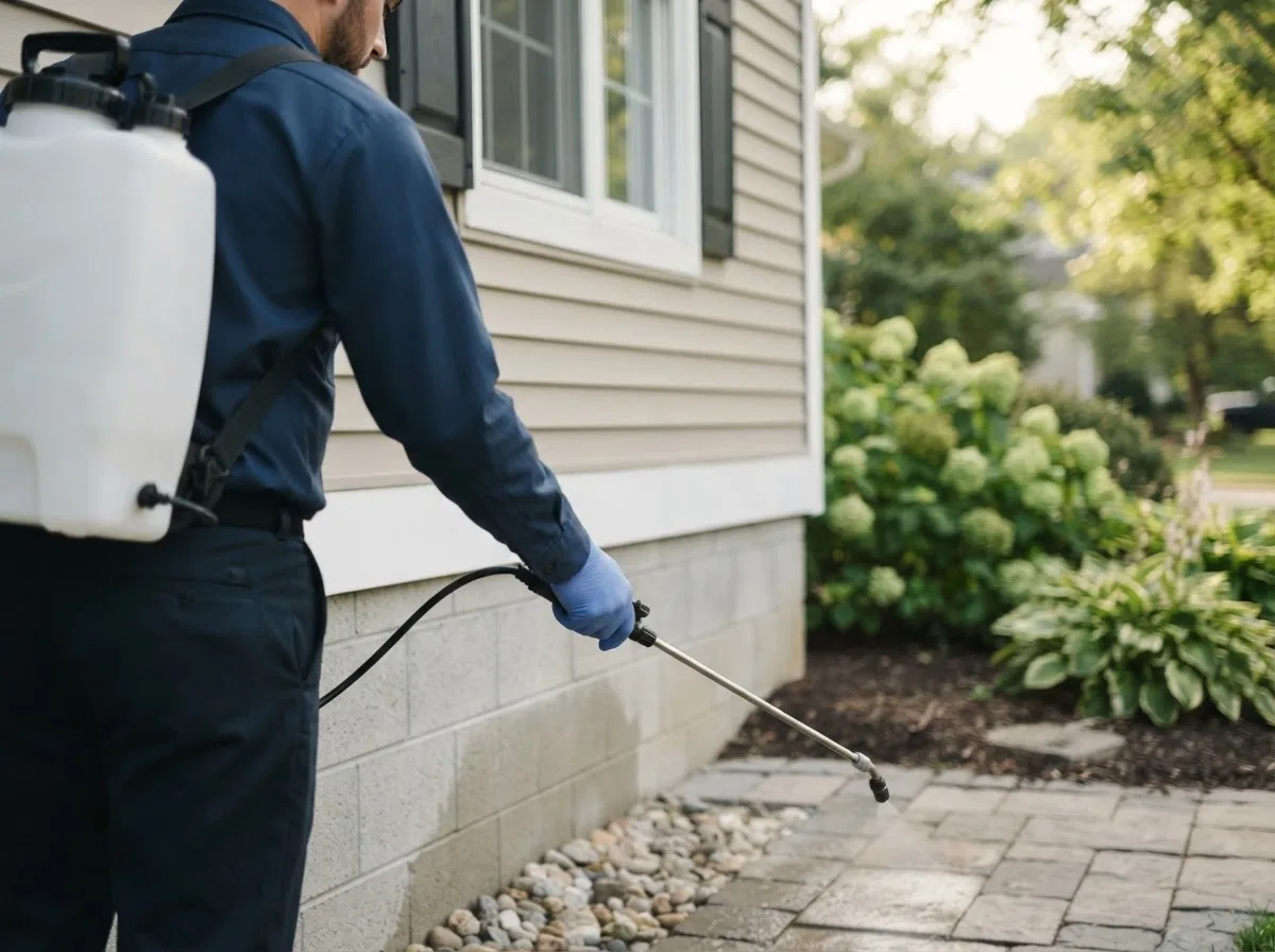 Pest control technician inspecting a home in Kellogg, IA